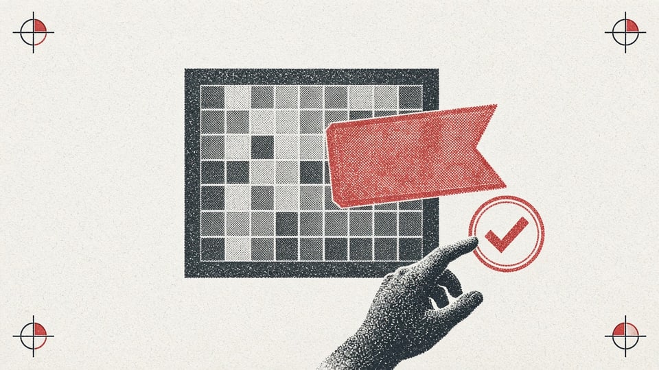 Step 03 · Year 2 AI + human. A charcoal OCR grid, a Signal Red proposed verdict, a hand confirming with a stamp.