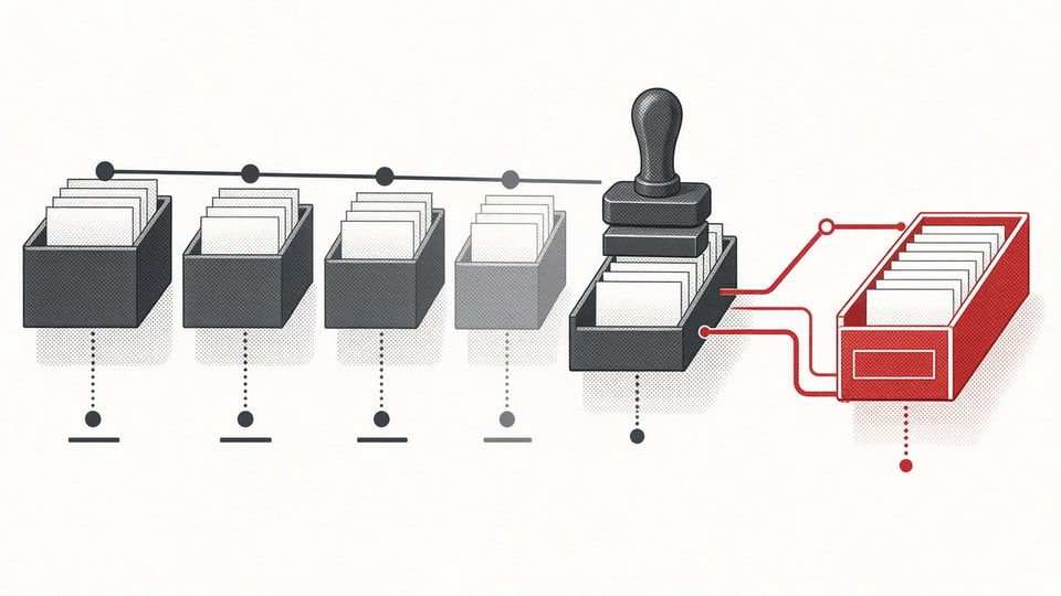 Step 02 · Phase 1 Rules. Charcoal stage trays and a stamp, Signal Red lines routing cards into a register. No AI.