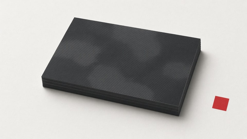 Step 01 · Pack. A thick charcoal stack of cards on Neutral White paper, one Signal Red square off to the side. The fixed agency set.